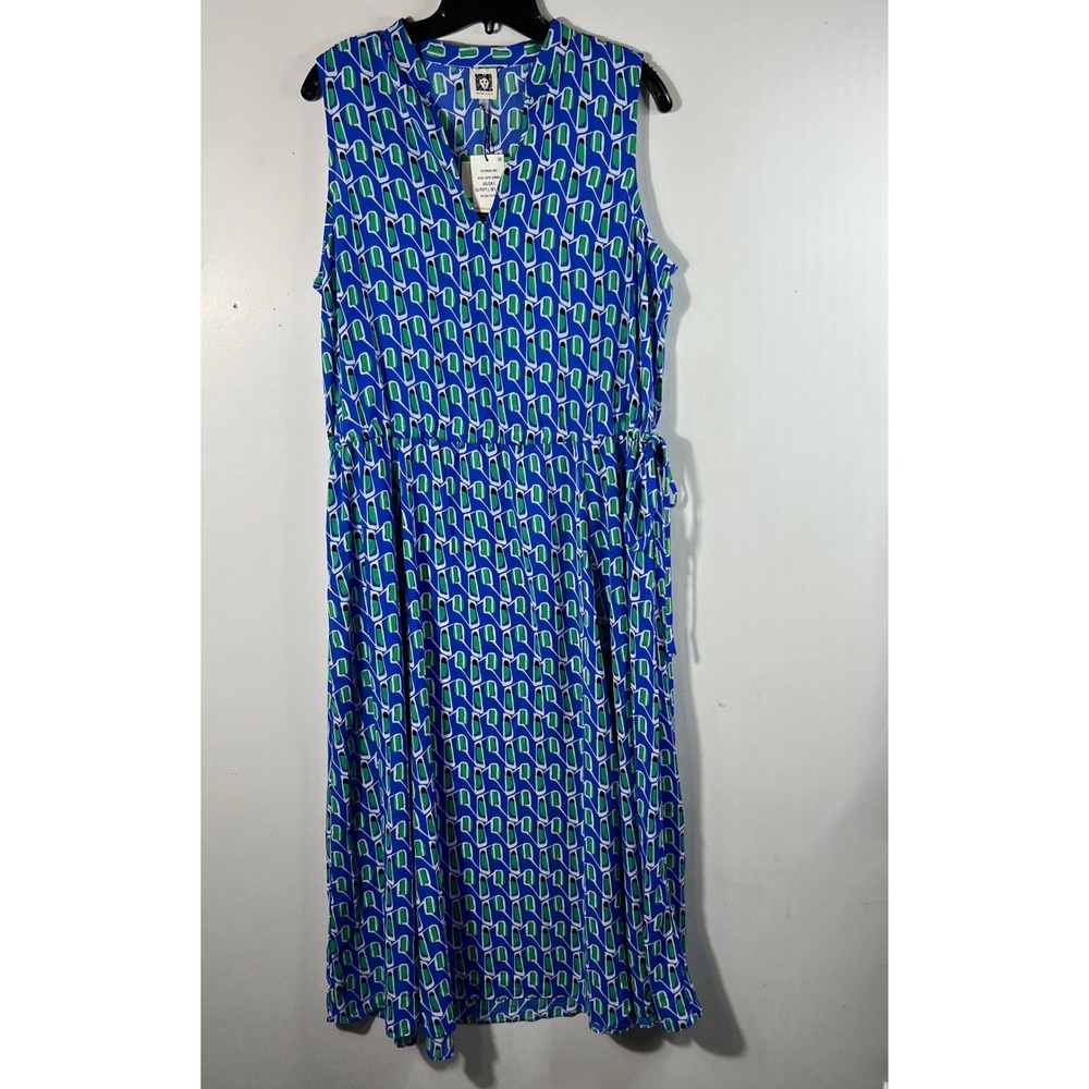 Anne Klein Blue Lapis Combo Dress Side Cinch Tie Blue Green White L NWT